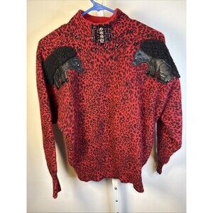 Vintage 80s CEDARS Sweater Womens Lg Lambswool Red Black Beaded Sequin Dolman Sl